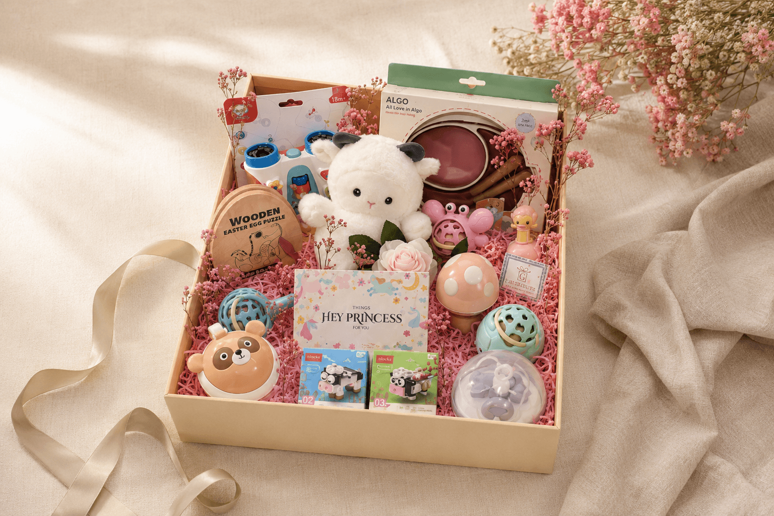 What is a gift hamper - open linen-lined Giftribute hamper showing layered contents