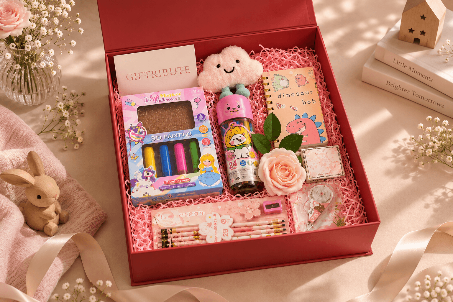 Giftribute - What to put in a gift hamper - flat lay of anchor item, supporting pieces and filler