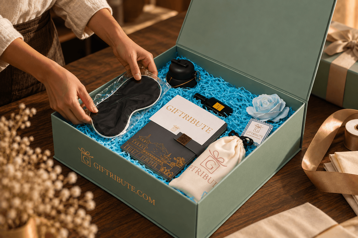 Luxury gift hamper being hand-assembled one at a time in the Giftribute studio