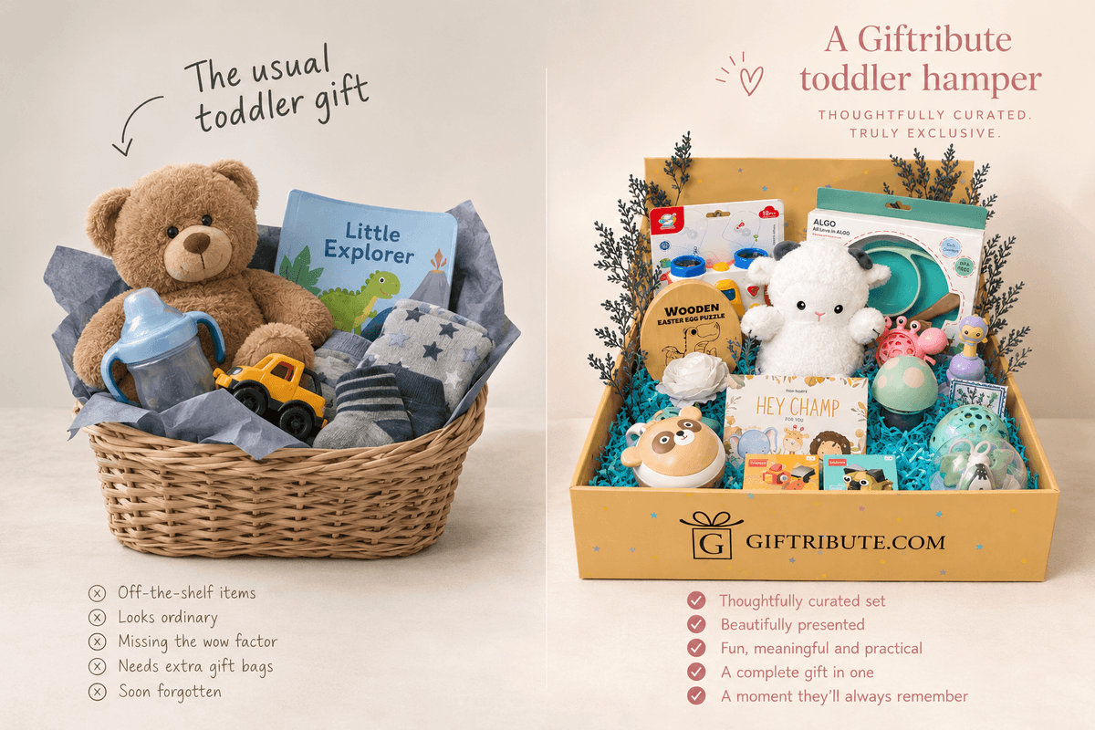 Gift hamper vs gift basket shown side by side on a neutral studio backdrop