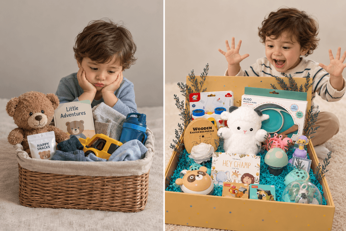 Gift hamper vs gift basket shown side by side on a neutral studio backdrop 2