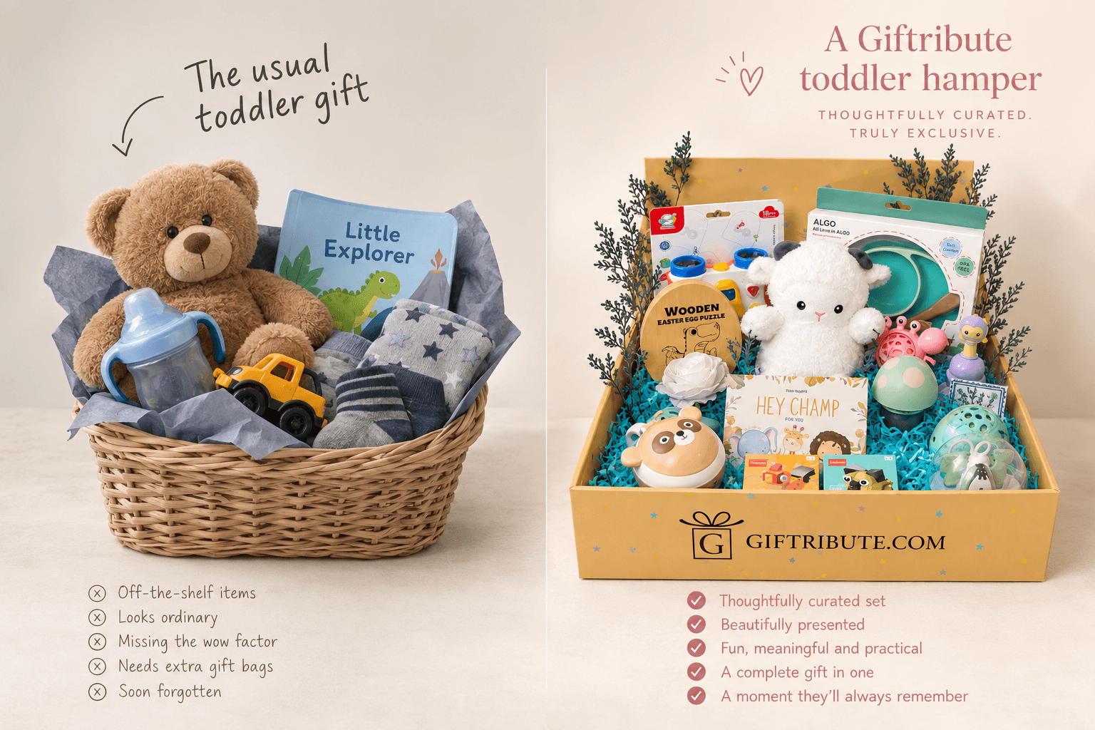 Gift hamper vs gift basket shown side by side on a neutral studio backdrop
